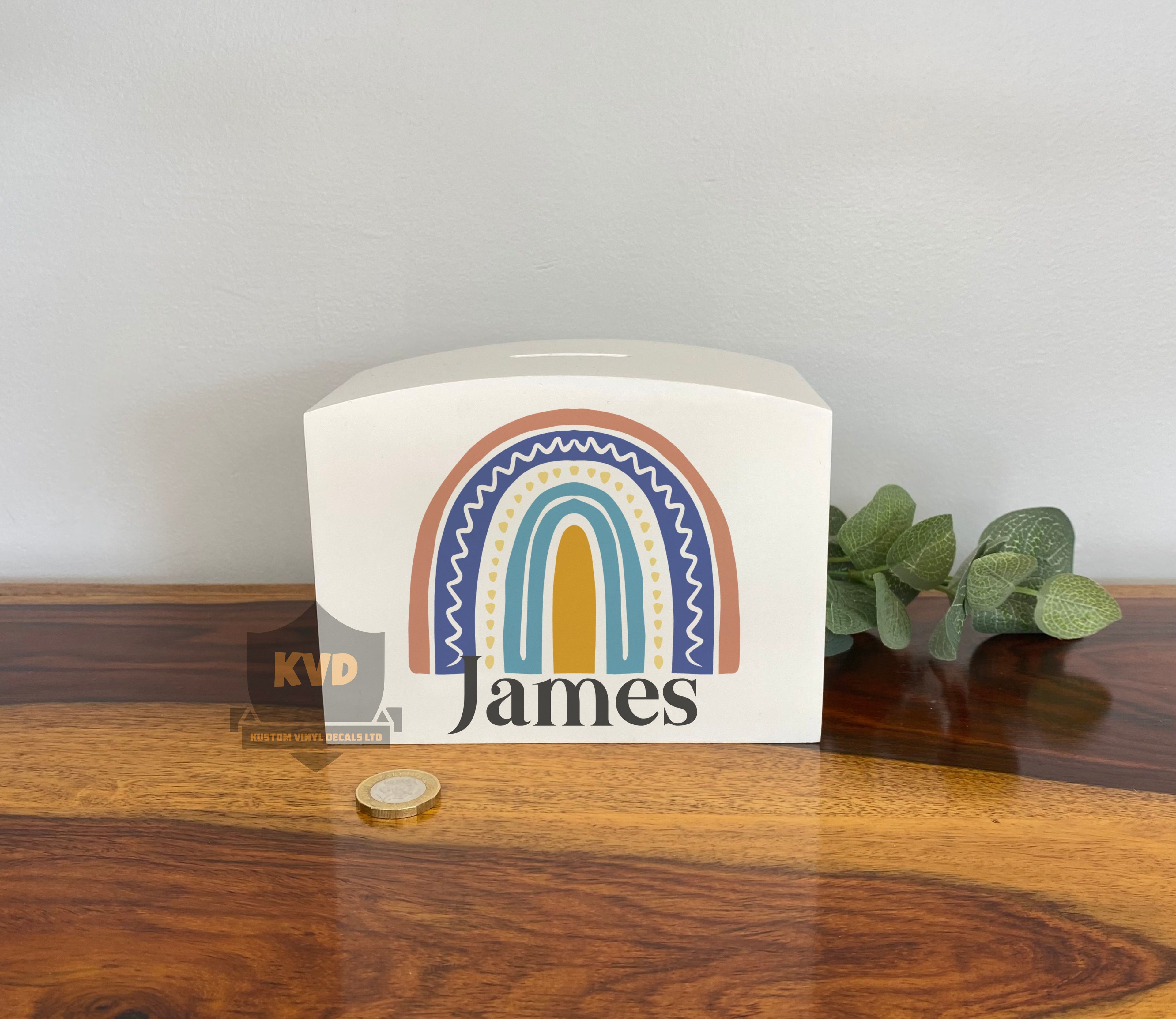 Personalised Solid Wood Luxury Rainbow Boy Money Box