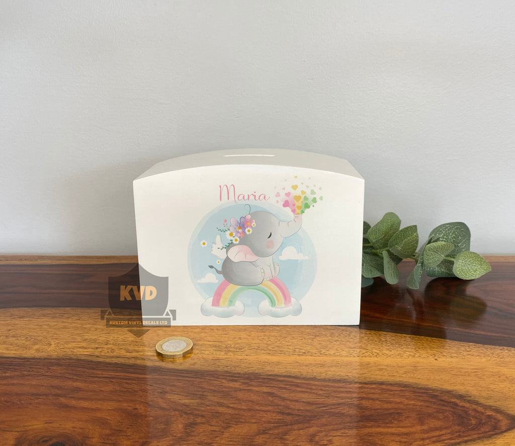 Personalised Solid Wood Luxury Elephant Rainbow Money Box