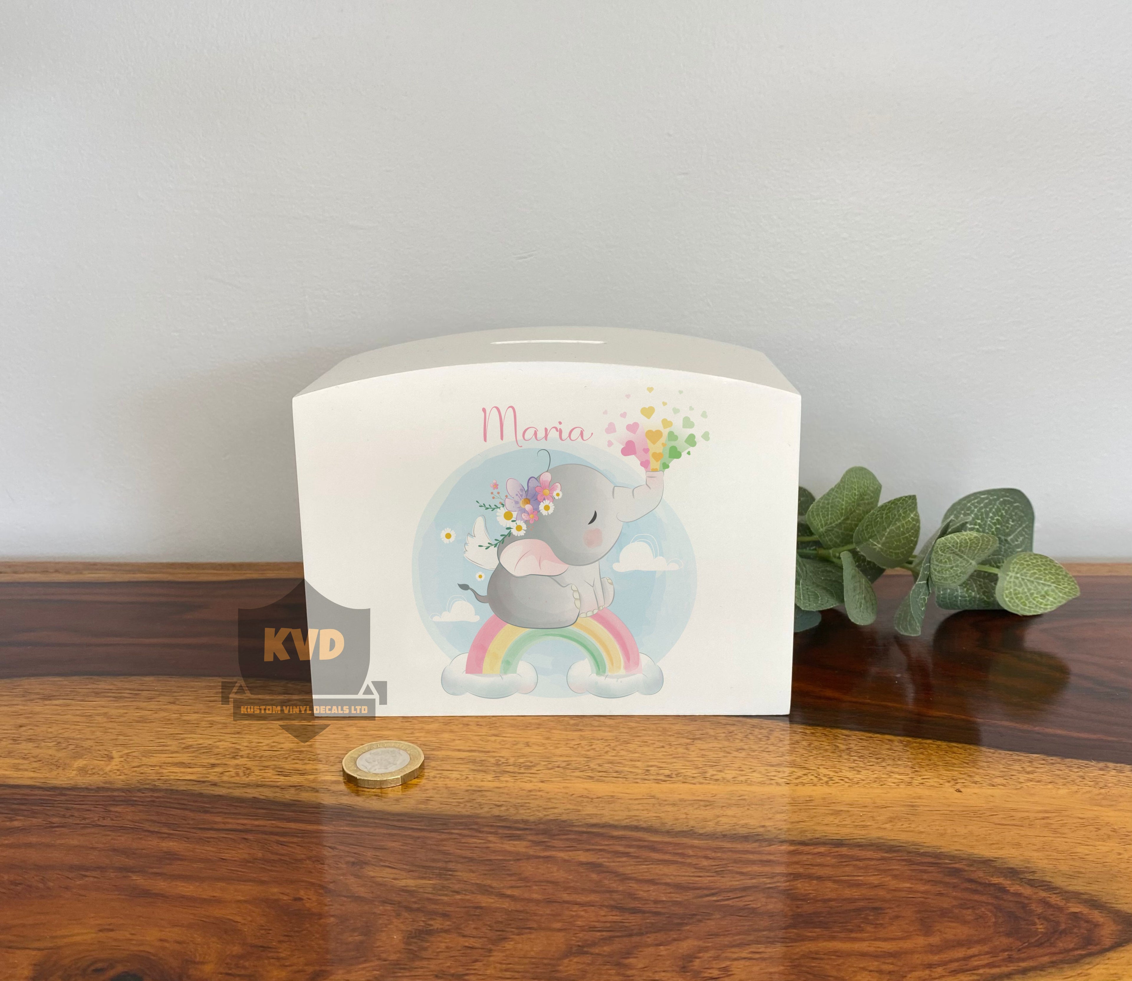 Personalised Solid Wood Luxury Elephant Rainbow Money Box