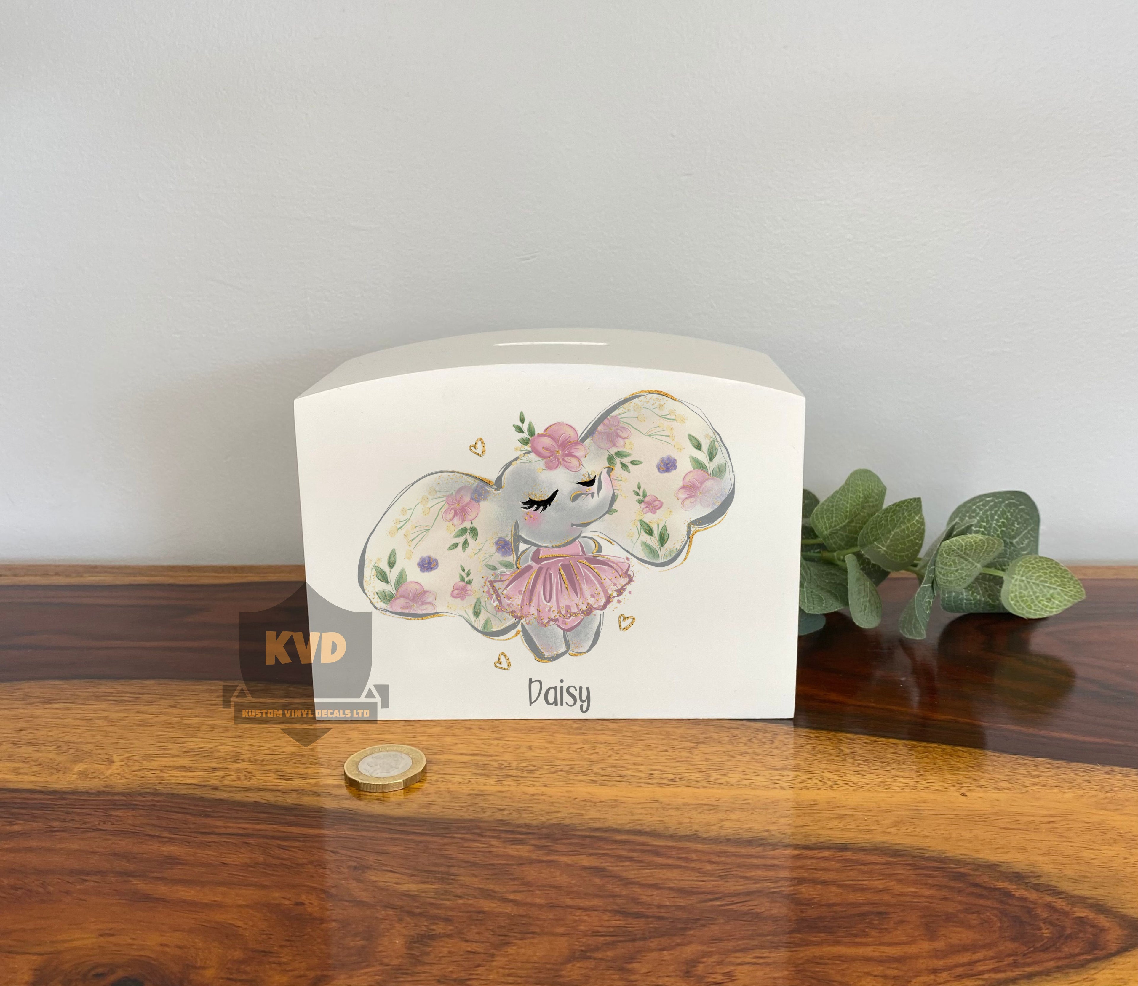 Personalised Solid Wood Luxury Fairy Elephant Money Box