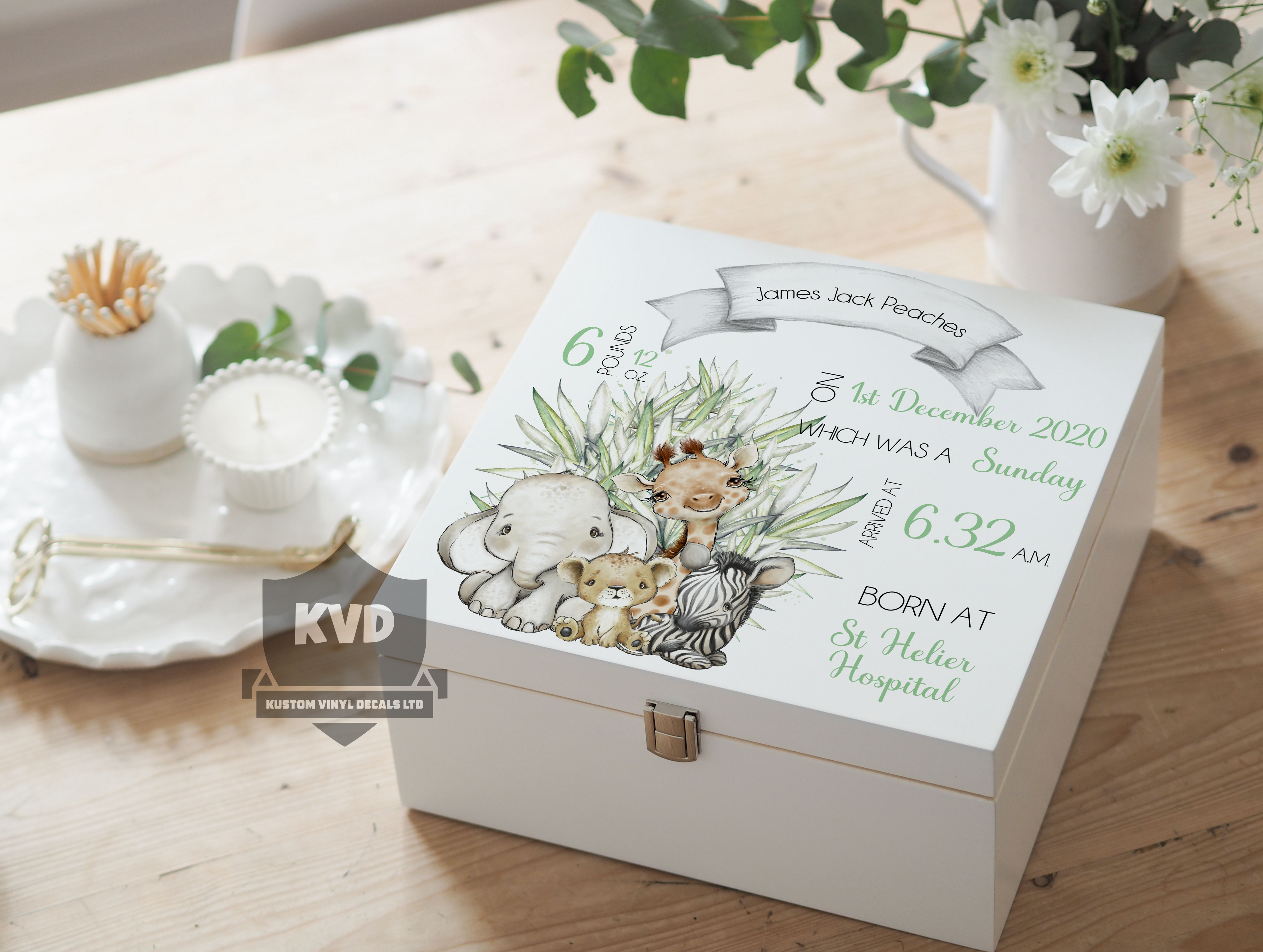 Luxury Baby Boy Keepsake Box - Jungle Animals with Personalised details