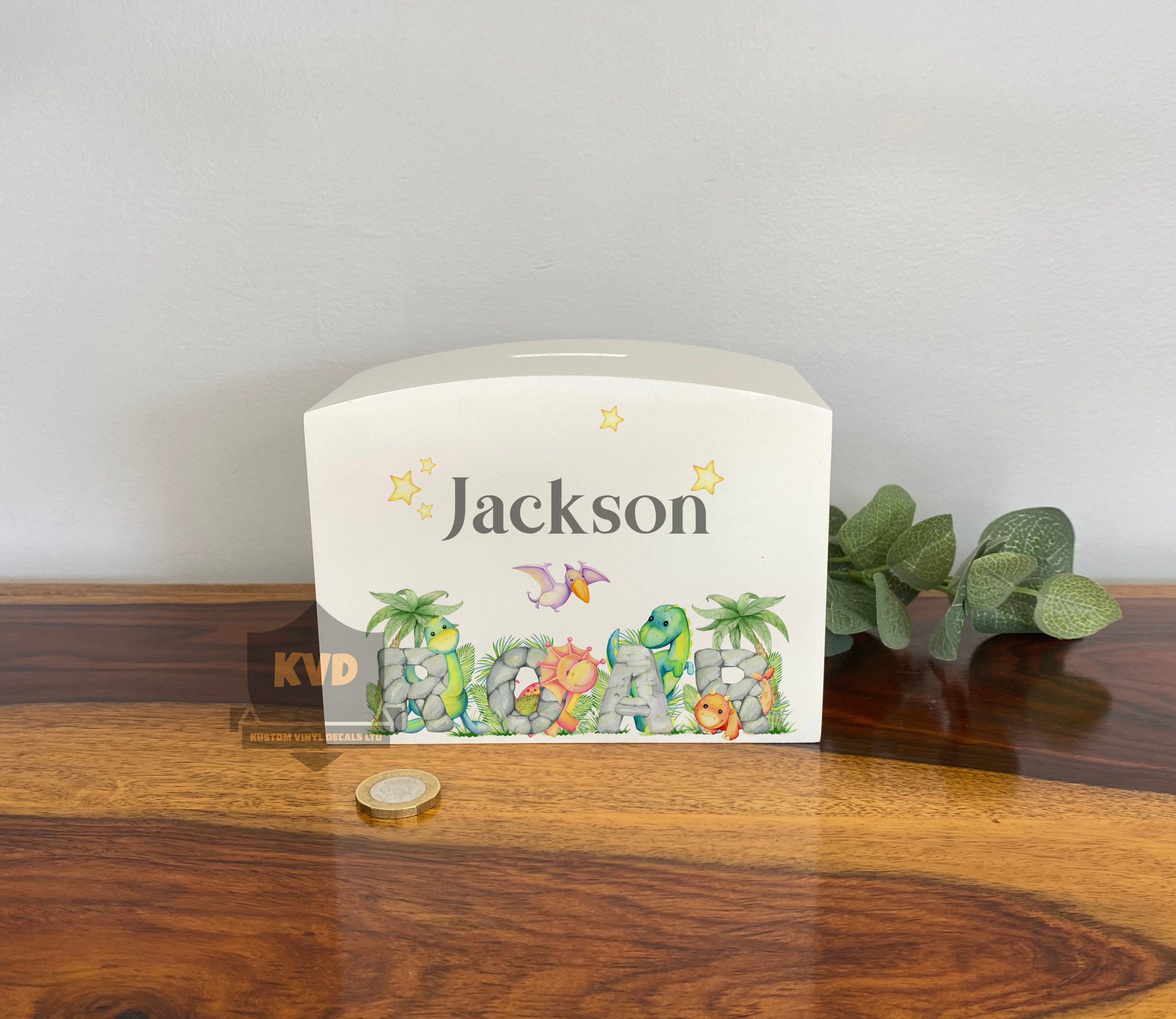 Personalised Solid Wood Luxury Dinosaur Kids Money Box