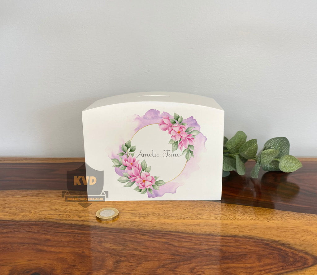Personalised Solid Wood Luxury Floral Wreath Kids Money Box