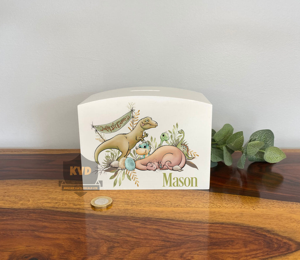 Personalised Solid Wood Luxury Baby Money Box with Dinosaurs