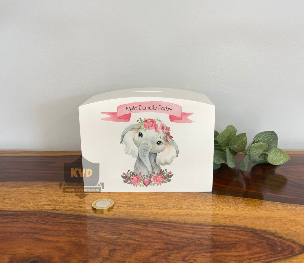 Personalised Solid Wood Luxury Pink Flower Elephant Money Box
