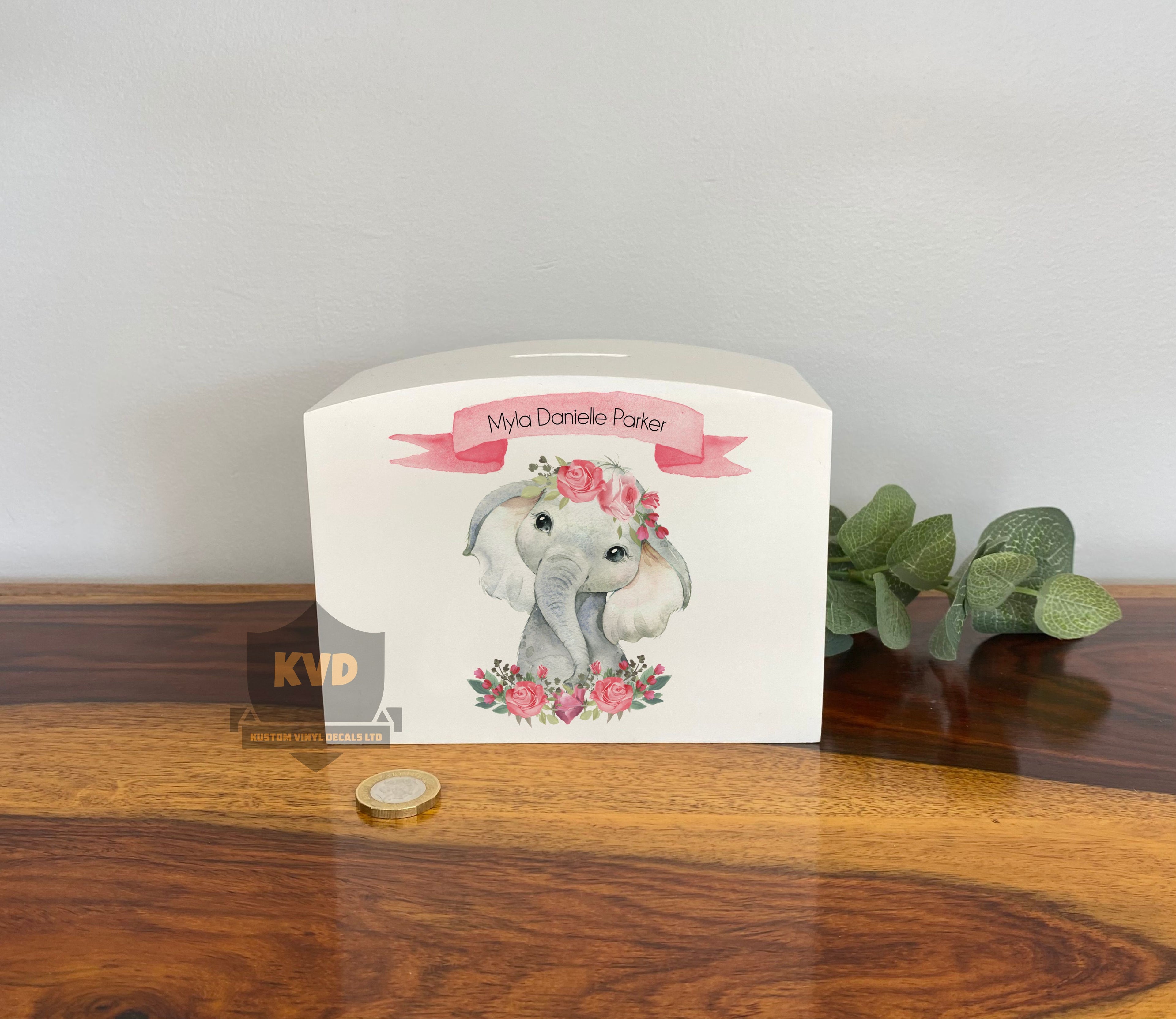 Personalised Solid Wood Luxury Pink Flower Elephant Money Box