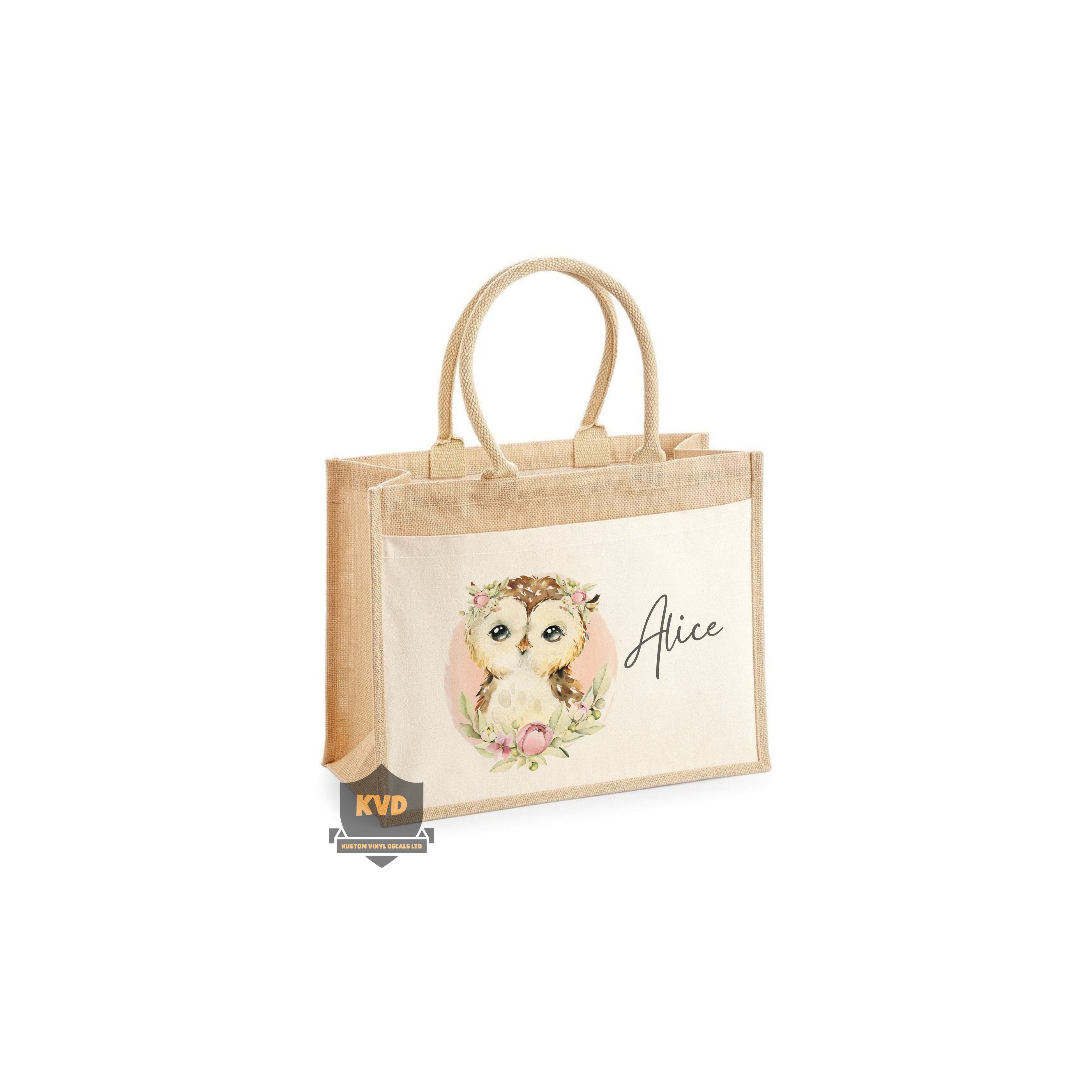 LARGE Personalised Jute Tote Shopper Bag with owl