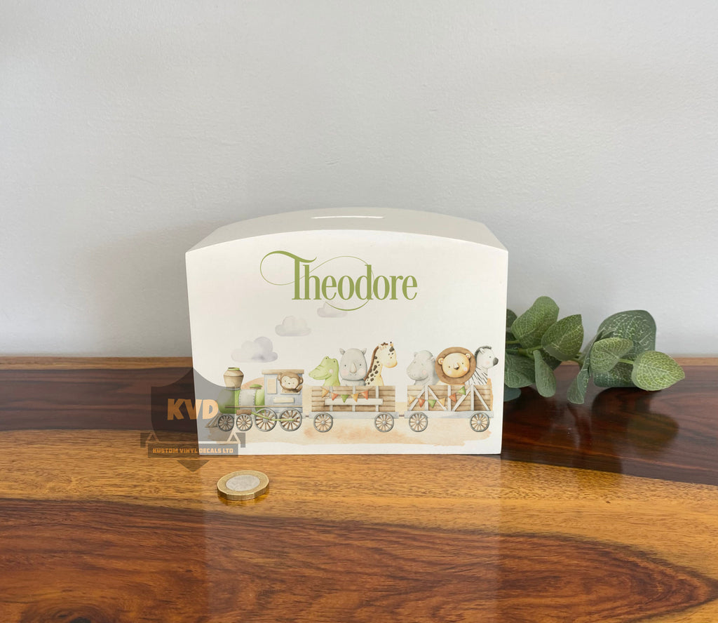 Personalised Solid Wood Luxury Baby Money Box with train and safari animal