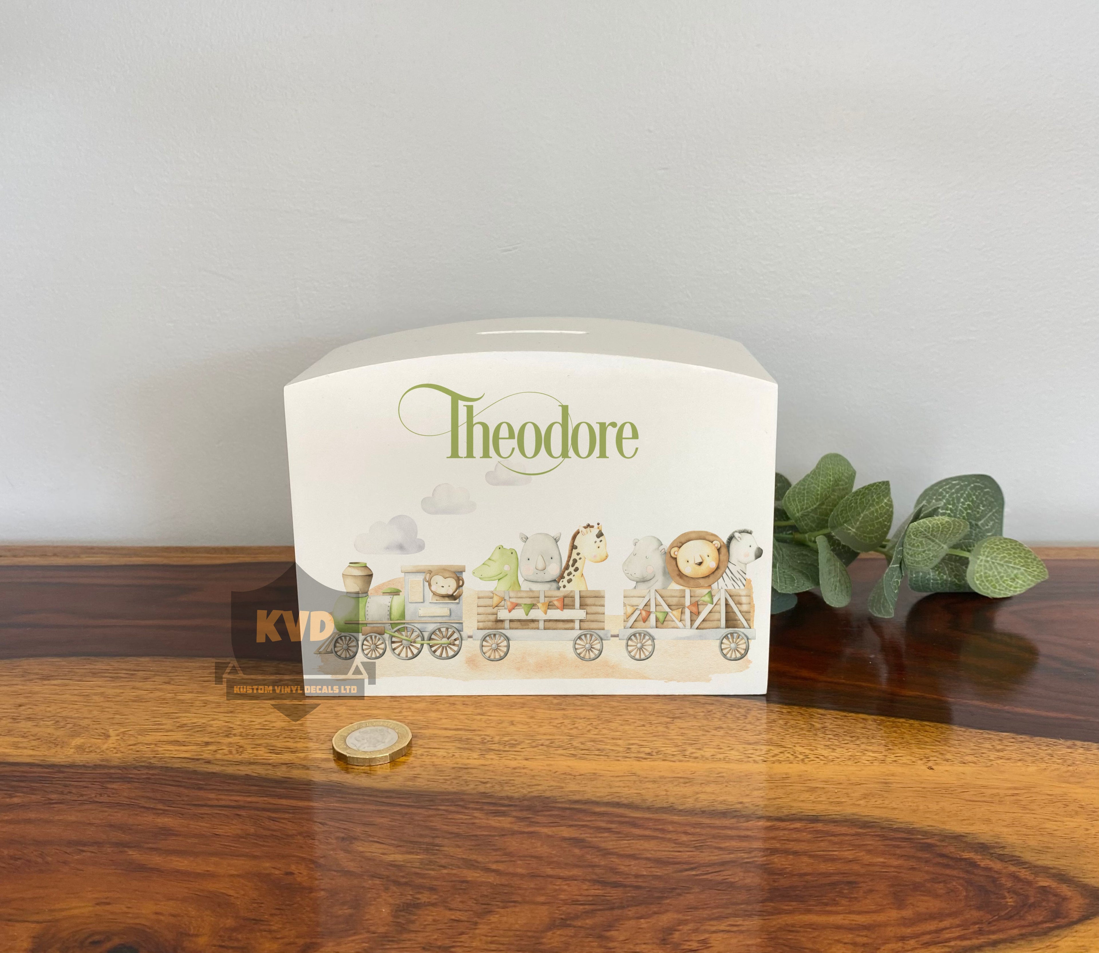 Personalised Solid Wood Luxury Baby Money Box with train and safari animal