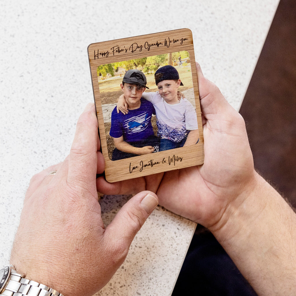 Personalised Oak Veneer Photo Magnet for Father's Day.