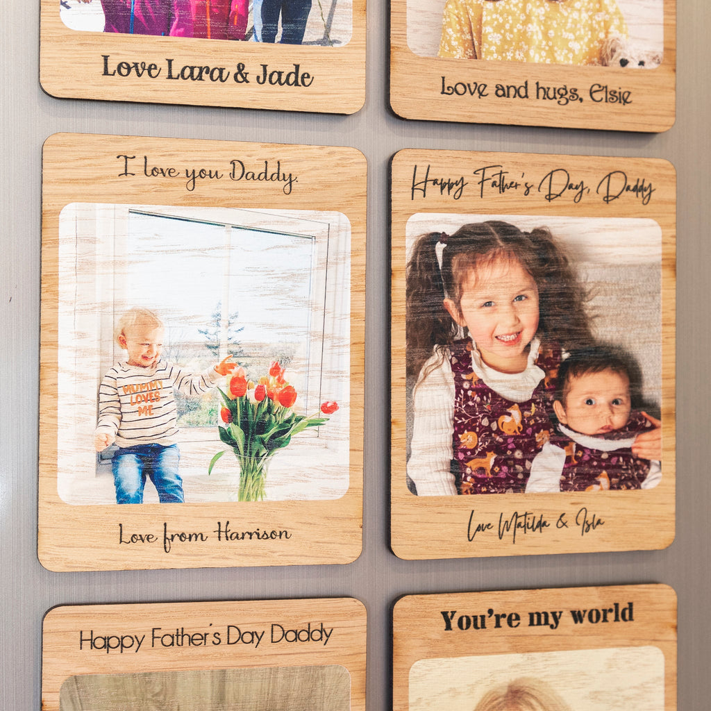 Personalised Oak Veneer Photo Magnet for Father's Day.