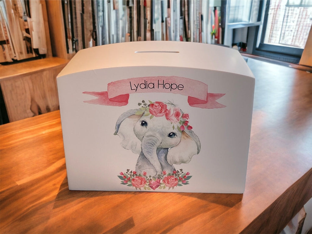 Personalised Solid Wood Luxury Pink Flower Elephant Money Box